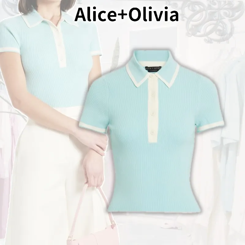 Alice+Olivia  |Wool Nylon V-Neck Bi-color Short Sleeves Cropped Tops