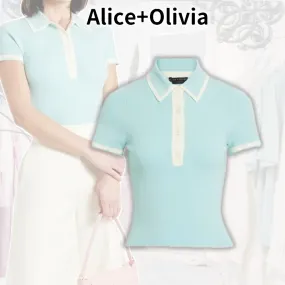 Alice+Olivia  |Wool Nylon V-Neck Bi-color Short Sleeves Cropped Tops