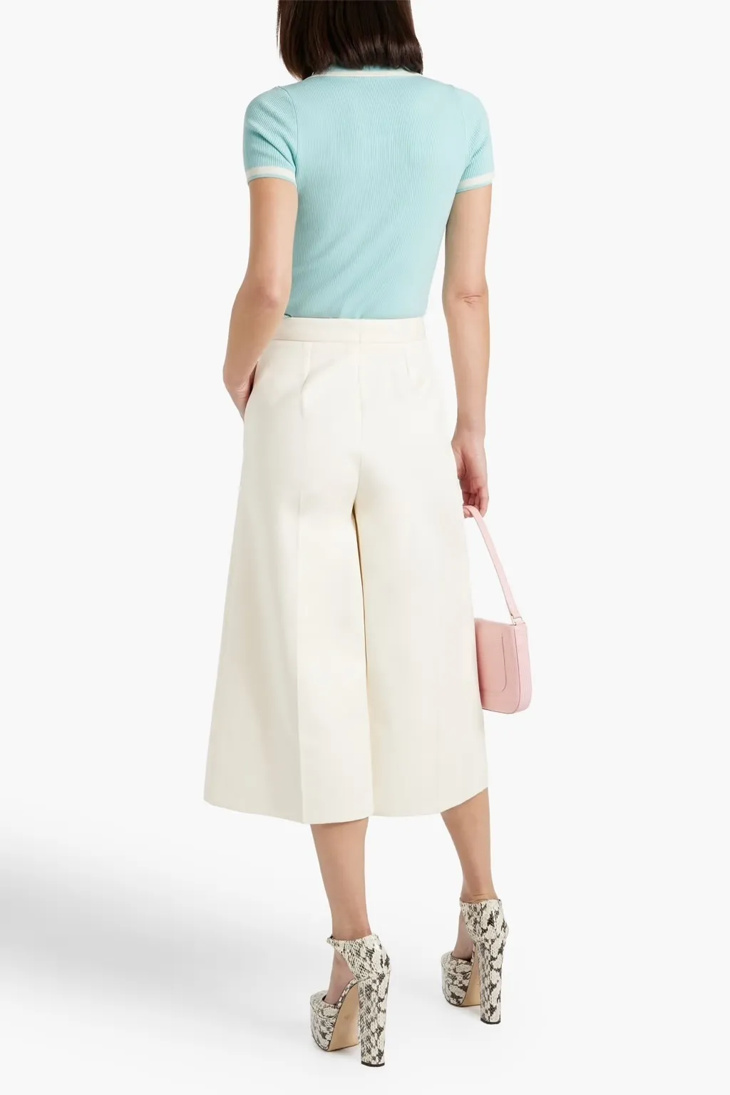 Alice+Olivia  |Wool Nylon V-Neck Bi-color Short Sleeves Cropped Tops