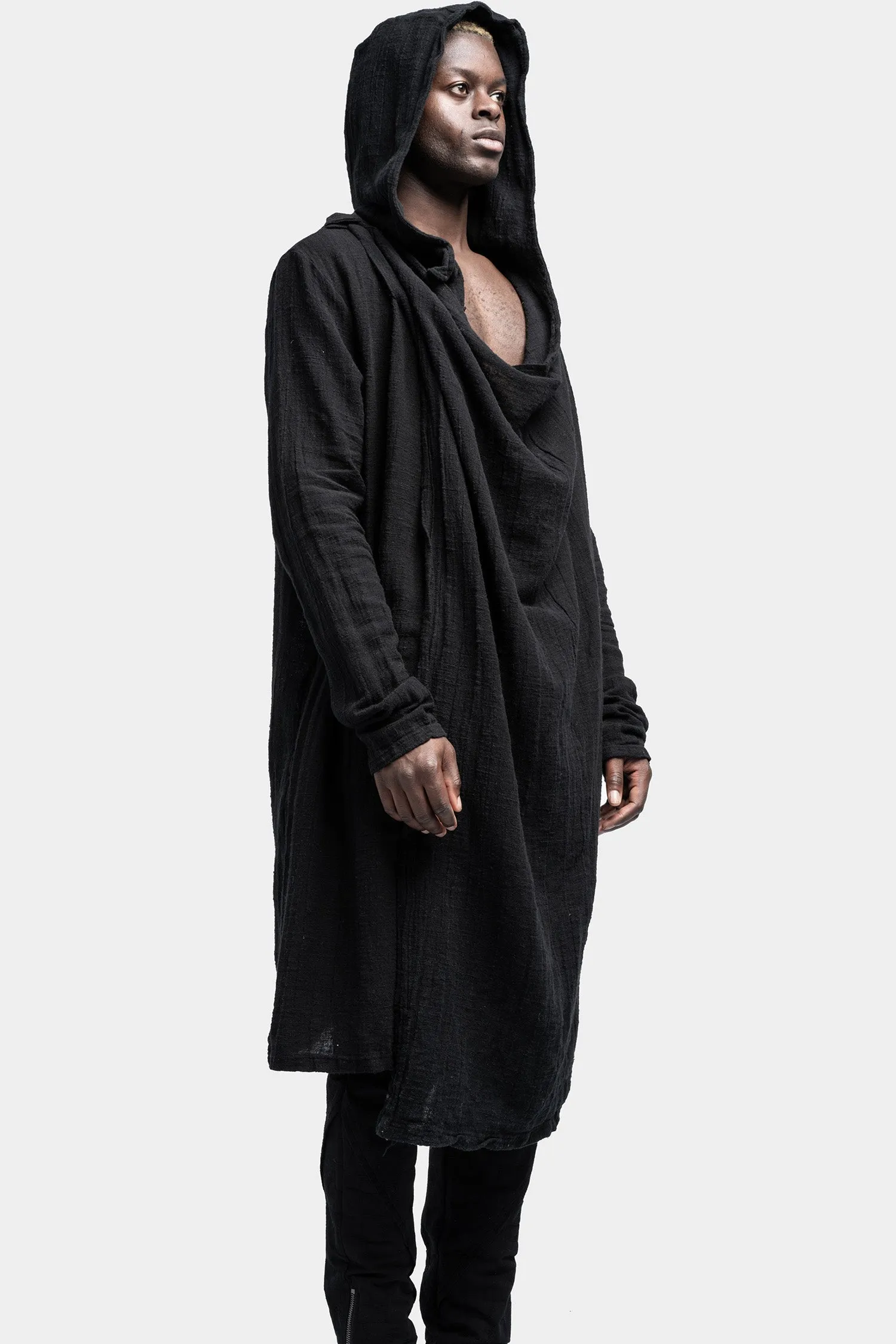 Asymmetrical linen blend hood cardigan