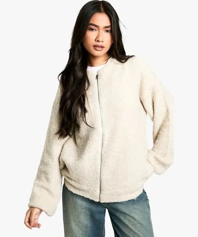 boohoo Womens Borg Knitted Oversized Bomber Jacket