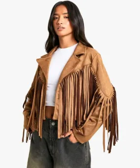 boohoo Womens Petite Suede Look Fringe Jacket