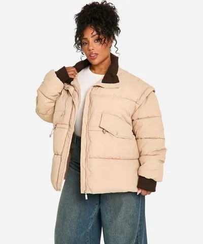 boohoo Womens Plus Contrast Collar Oversized Puffer Jacket