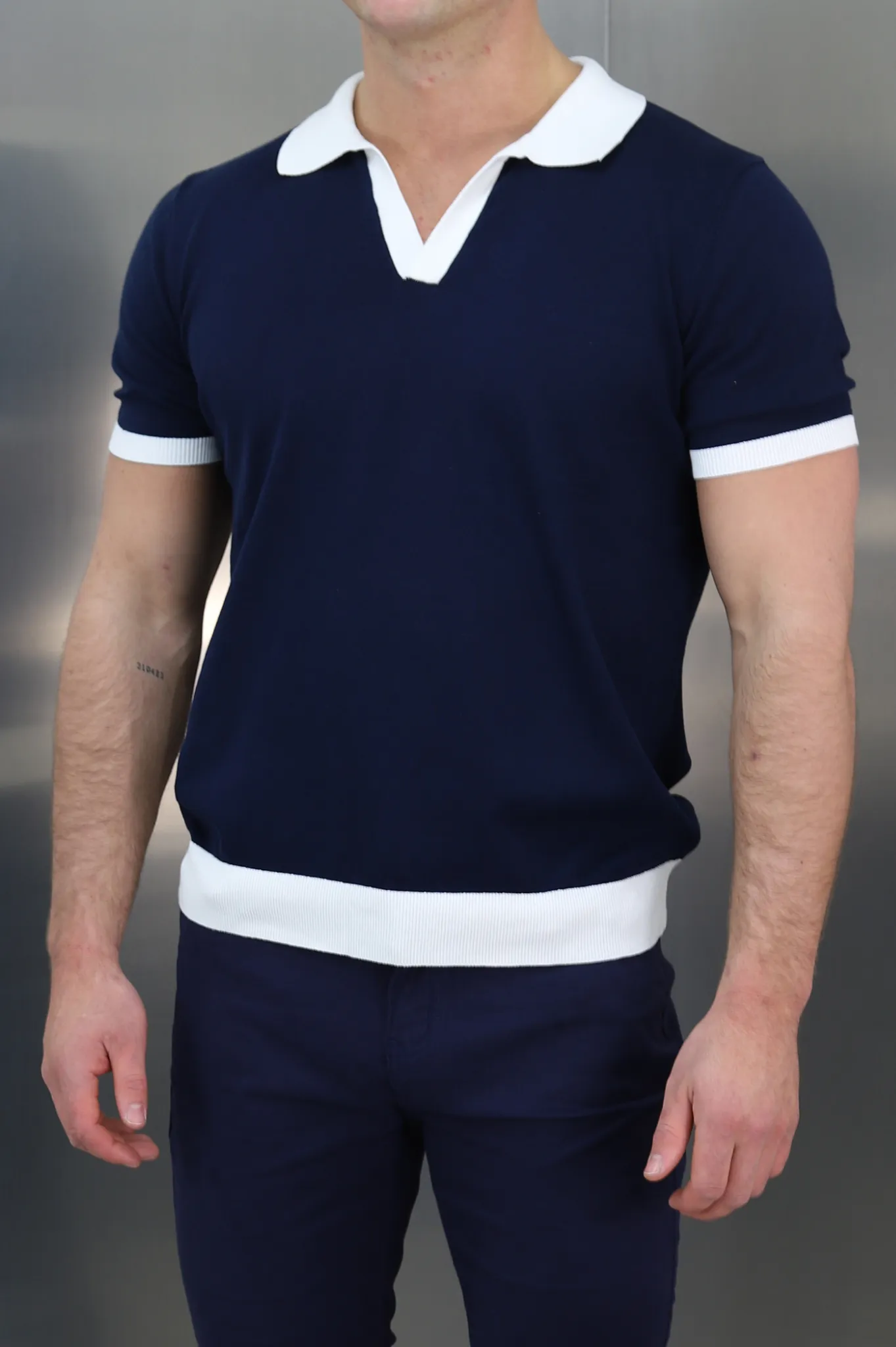 Capo Egyptian Cotton Contrast Cuban Collar Polo Shirt - Navy