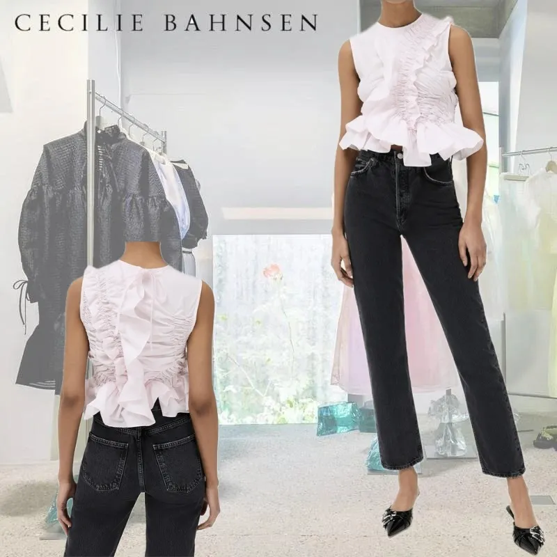 CECILIE BAHNSEN  |Crew Neck Street Style Plain Cotton Cropped Tops