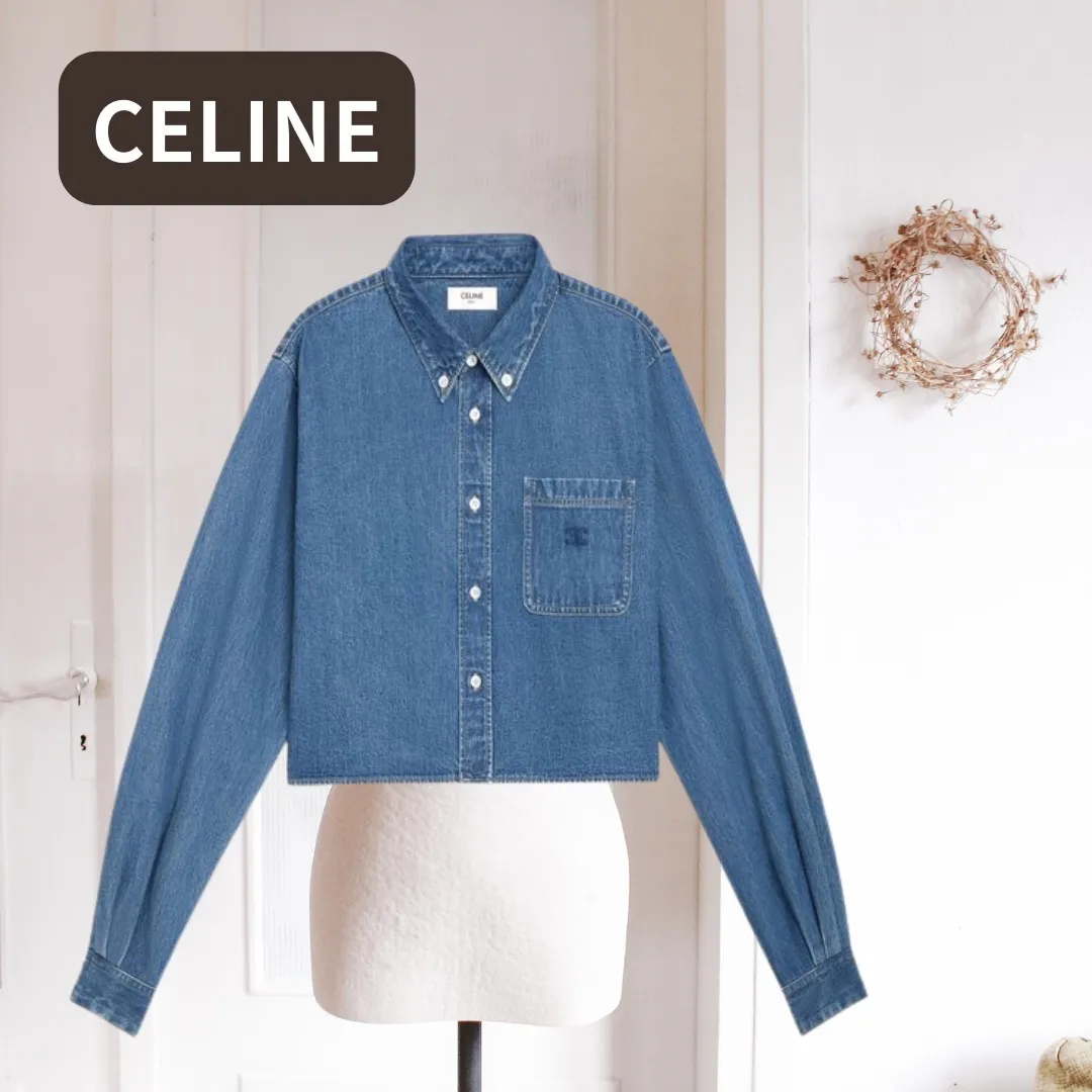 CELINE  |Casual Style Long Sleeves Plain Cotton Office Style Logo