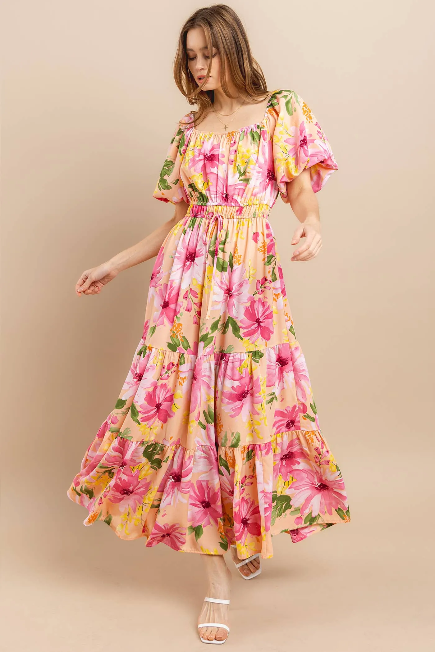 Ces Femme - DU52320PA / Floral Print Balloon Sleeve Maxi Dress: S-M-L (2-2-2) / SAGE