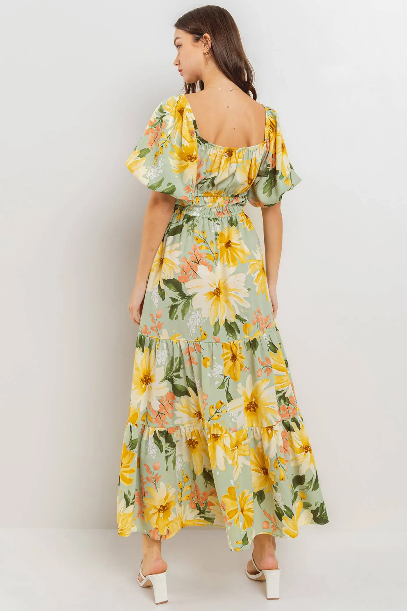 Ces Femme - DU52320PA / Floral Print Balloon Sleeve Maxi Dress: S-M-L (2-2-2) / SAGE