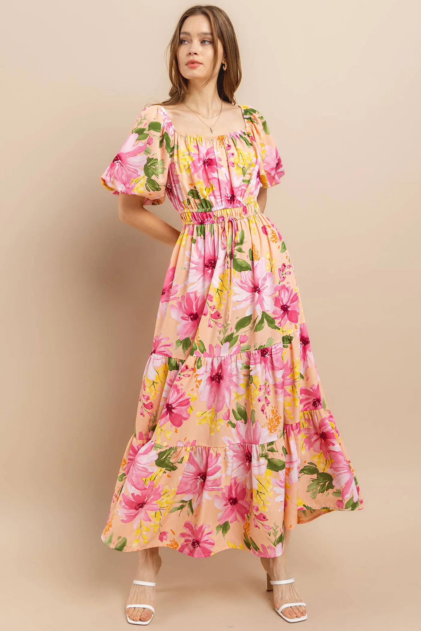 Ces Femme - DU52320PA / Floral Print Balloon Sleeve Maxi Dress: S-M-L (2-2-2) / SAGE