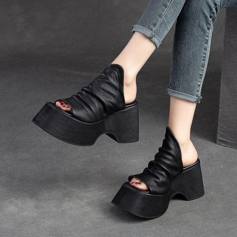 Chunky Heels Leather Wedge Sandals