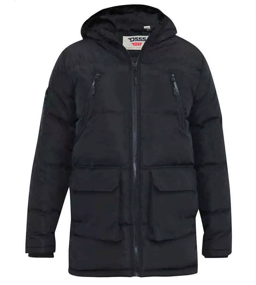 D555 Big Mens Black Quilted Parka Jacket With Zip Off Hood (CLAYDON)