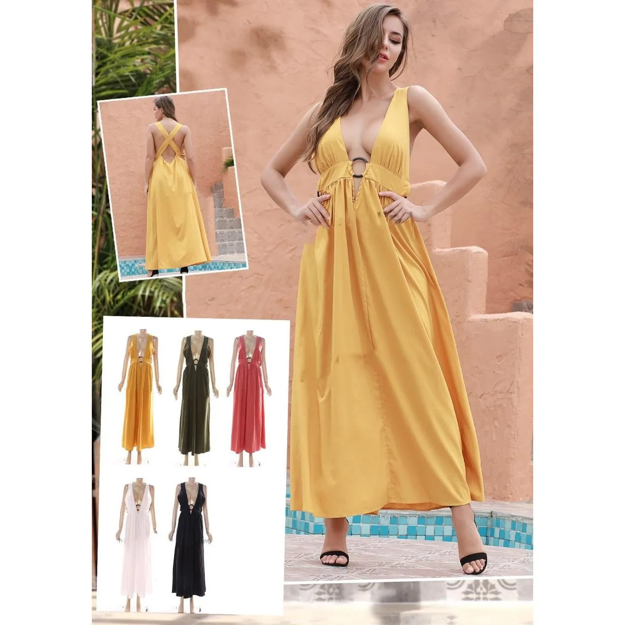 Deep V-Neck Sleeveless Maxi Dress