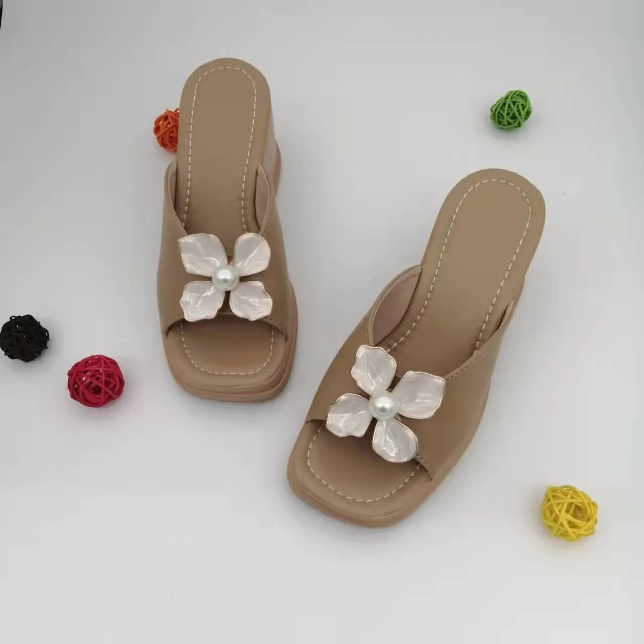 Floral Leather Slip-on Wedge Sandals