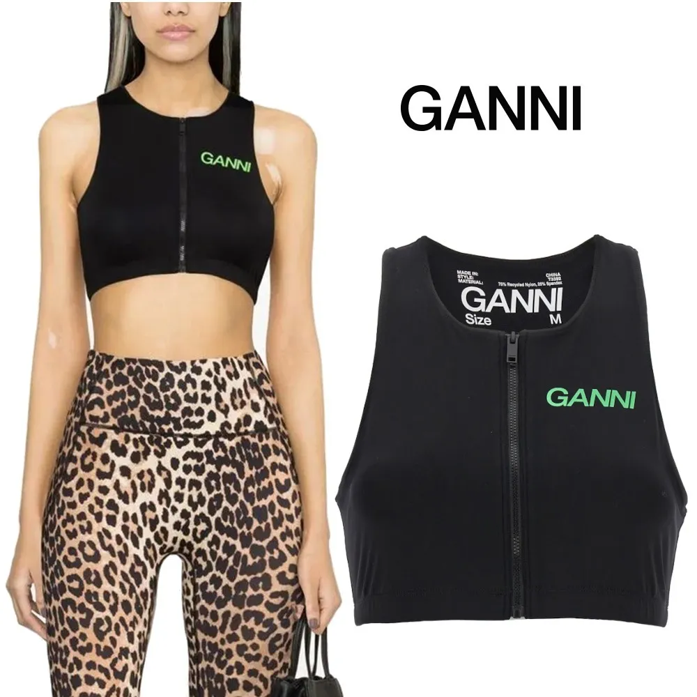 Ganni  |Blended Fabrics U-Neck Plain Logo Cropped Tops