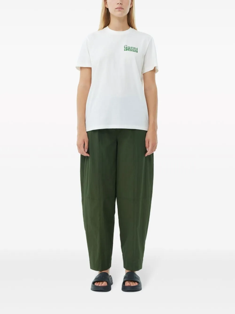 Ganni Cotton Crepe Elasticated Curve Pants in Kombu Green