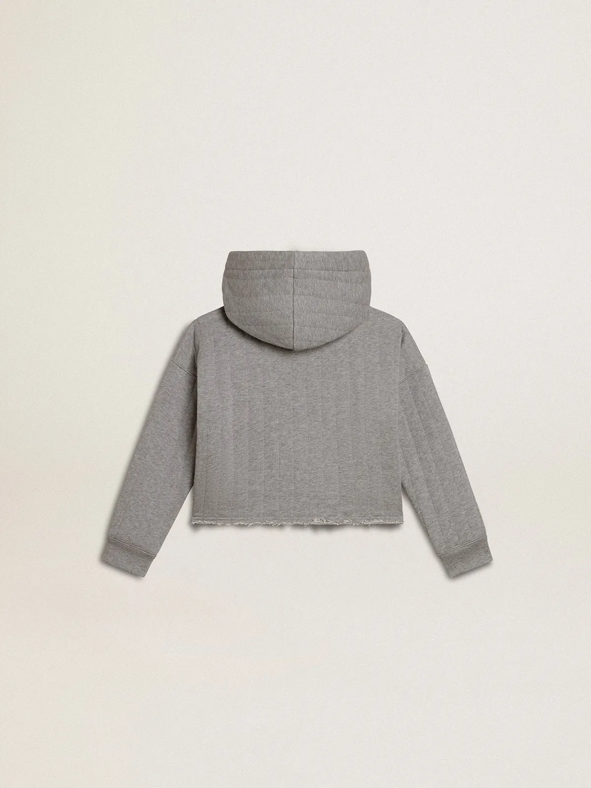 Girls' cropped sweatshirt in gray melange with a hood and embroidery on the front