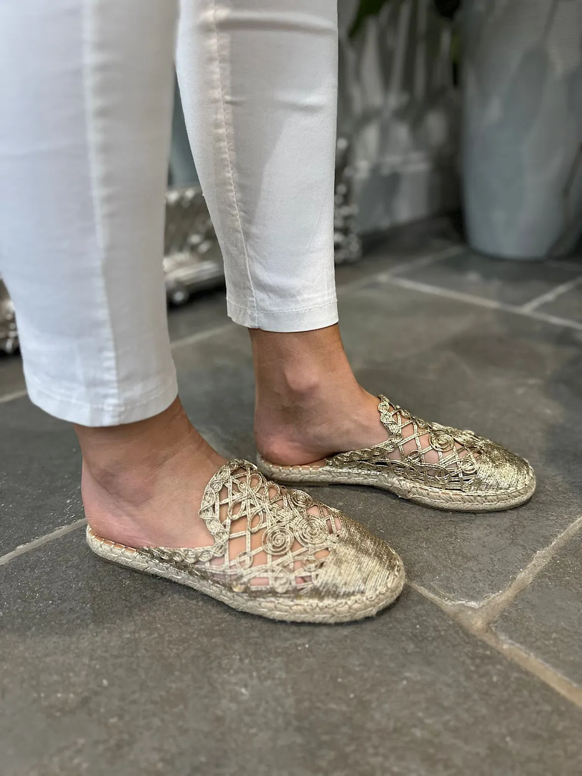 Gold Weave Slip On Espadrilles