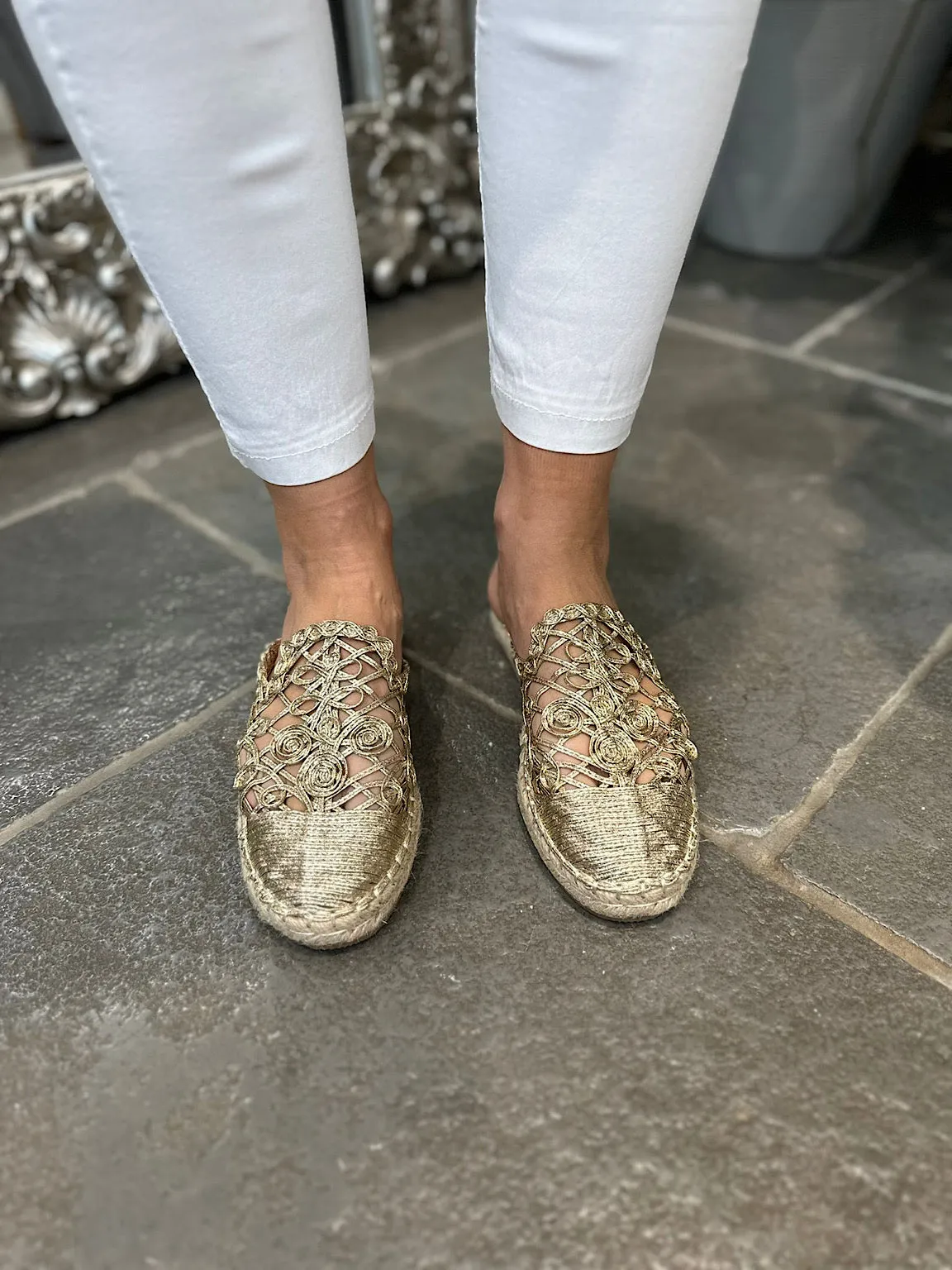 Gold Weave Slip On Espadrilles