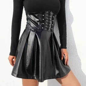 Gothic Synthetic Leather Black Pleated Dark Vintage Slim Tie Front Mini Skirts for Women Streetwear