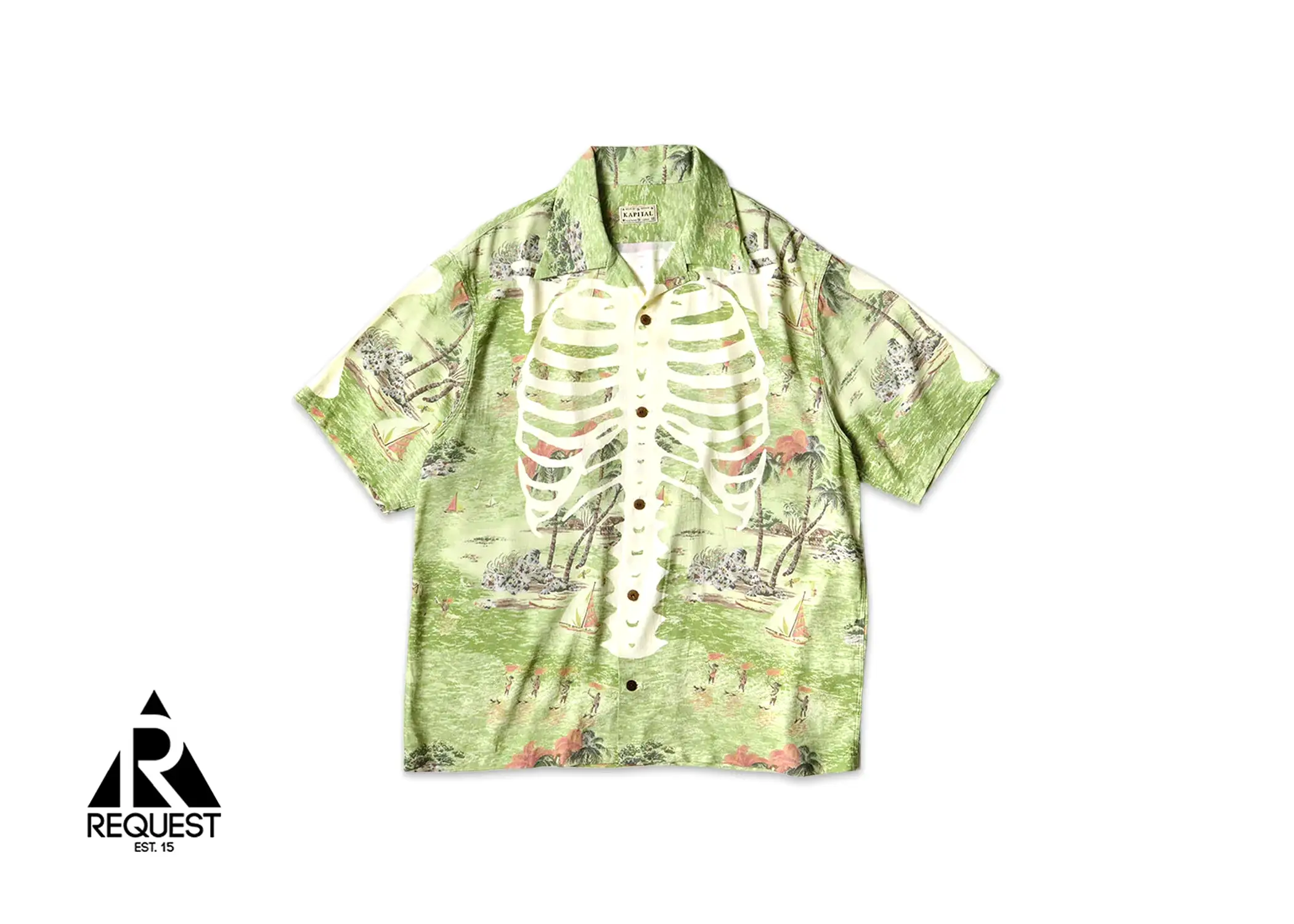 Kapital Rayon Kamehameha Bone Aloha Shirt Green