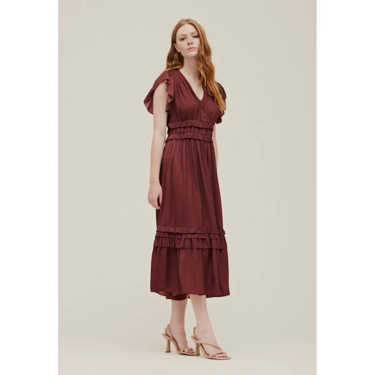 Kristelle Vino Grade and Gather Ruffled Satin V- Neck Dress -SALE