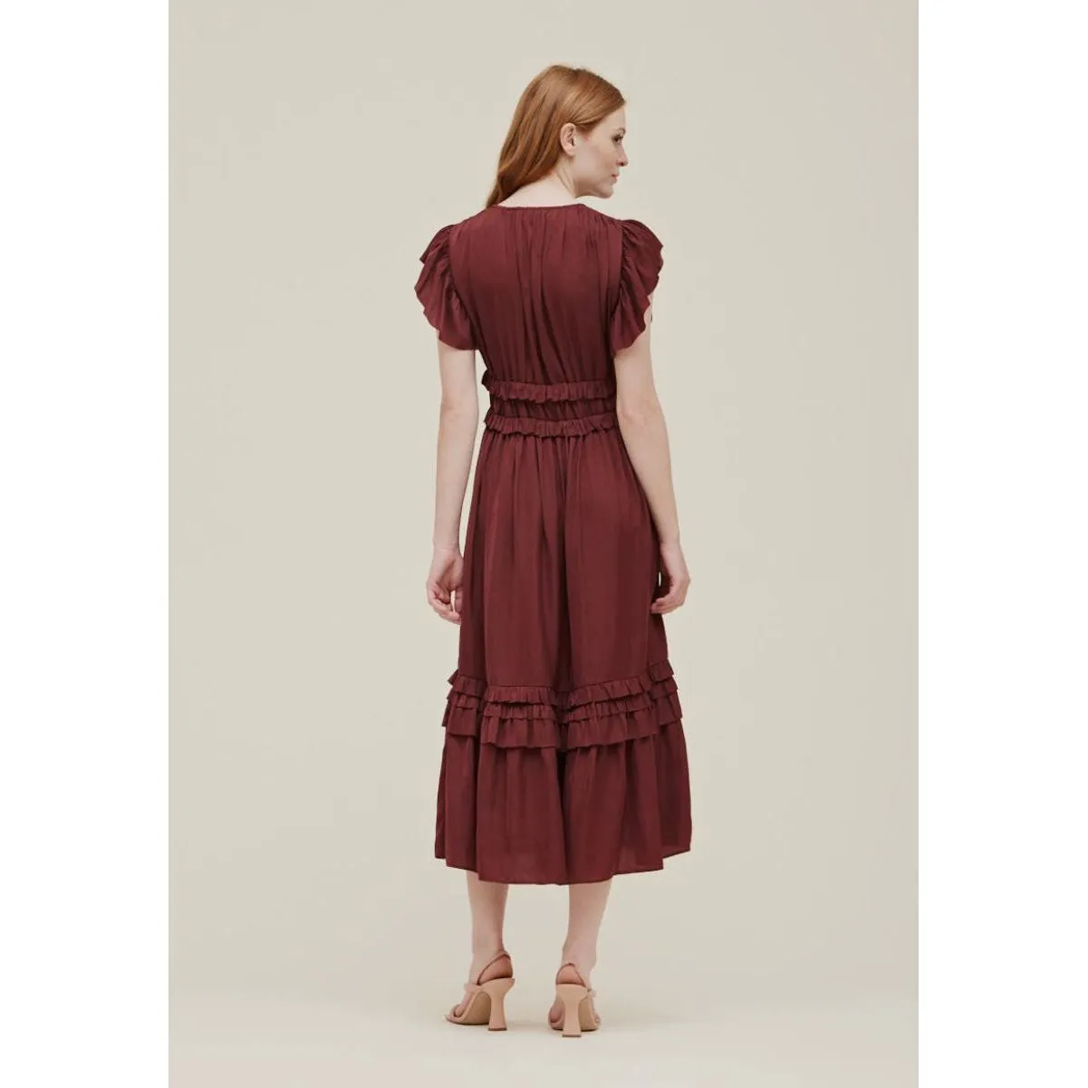 Kristelle Vino Grade and Gather Ruffled Satin V- Neck Dress -SALE