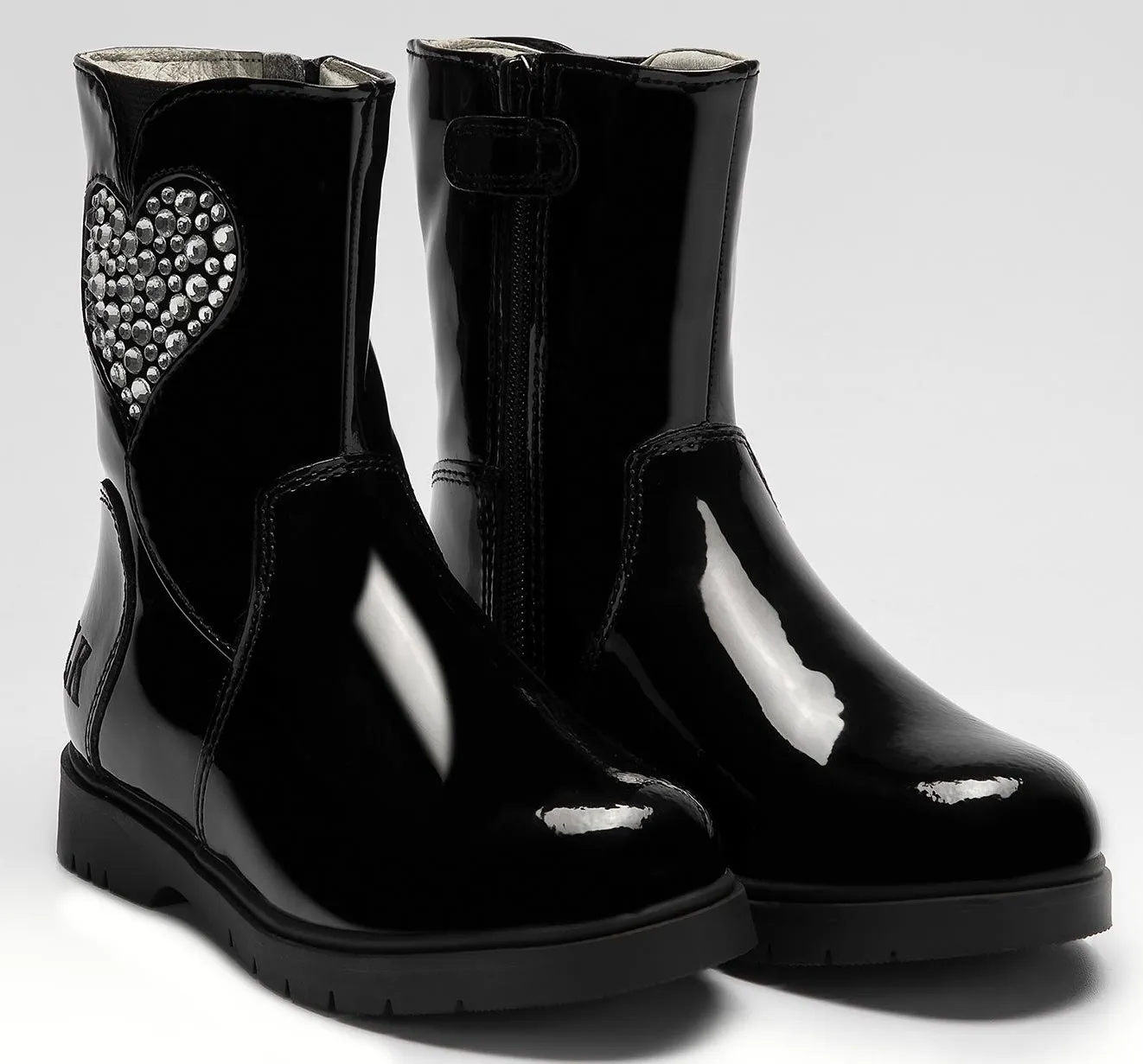 LELLI KELLY LK 2324 MARINA MID DIAMANTE LOVE HEART BOOT BLACK PATENT LEATHER