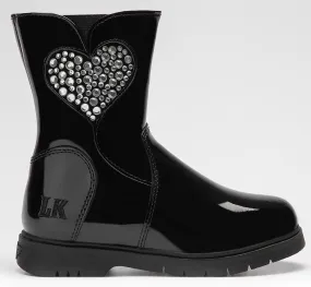 LELLI KELLY LK 2324 MARINA MID DIAMANTE LOVE HEART BOOT BLACK PATENT LEATHER