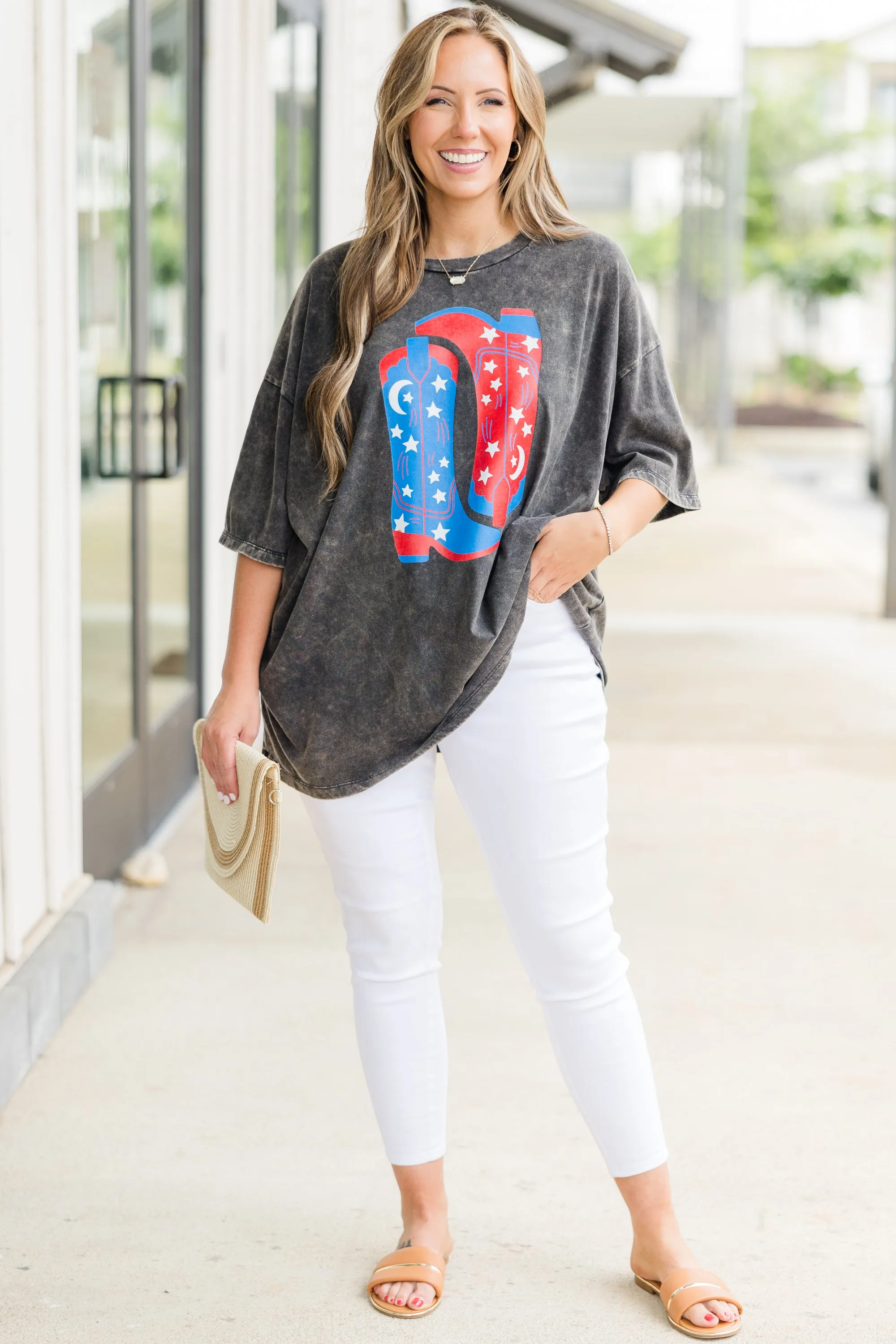 Made For Walkin' Acid Wash Boyfriend Tee, Ash Black