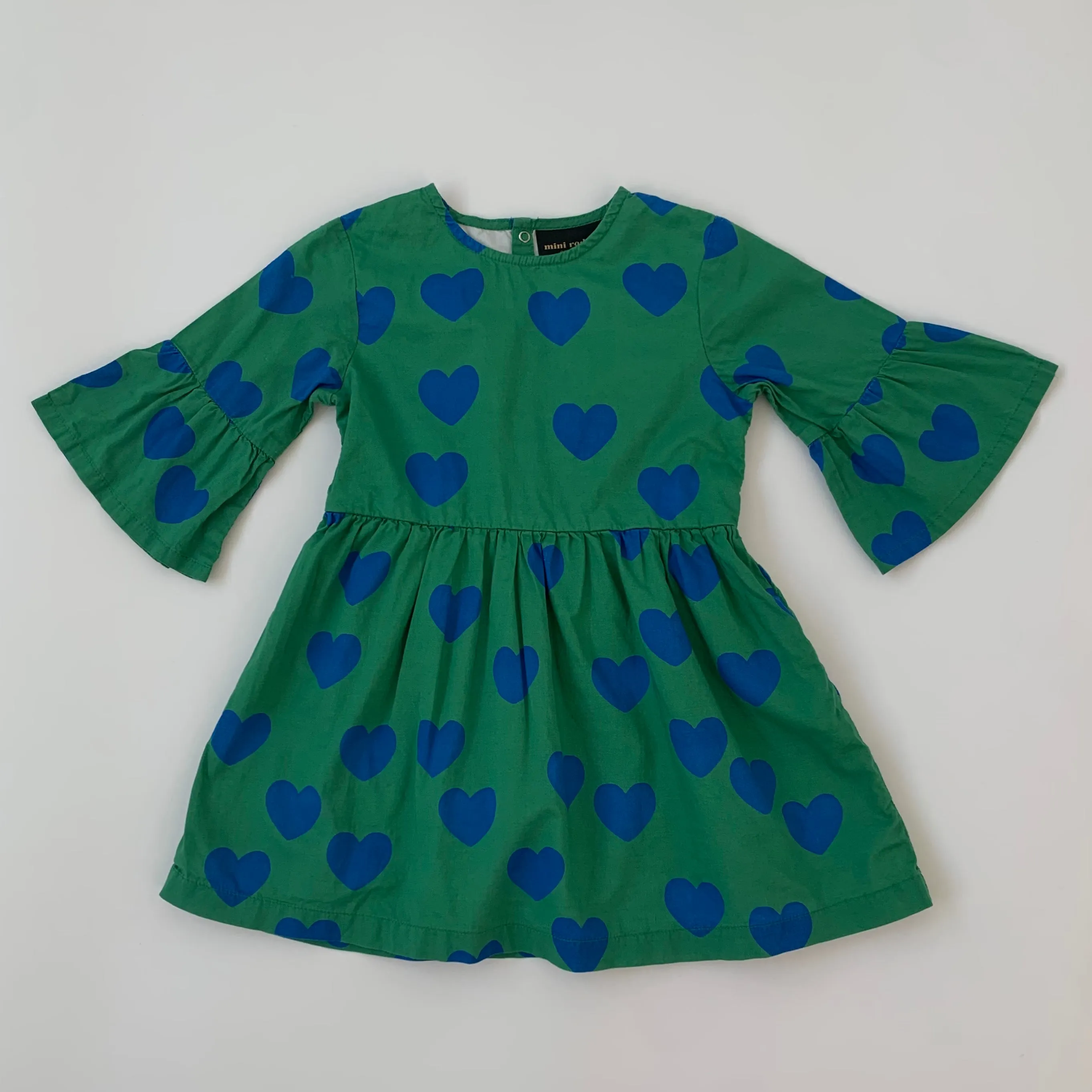 Mini Rodini Green And Blue Heart Print Dress: 2-3 Years