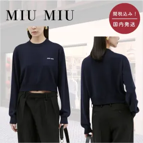 MiuMiu  |Crew Neck Wool Rib Long Sleeves Plain Logo Cropped Tops