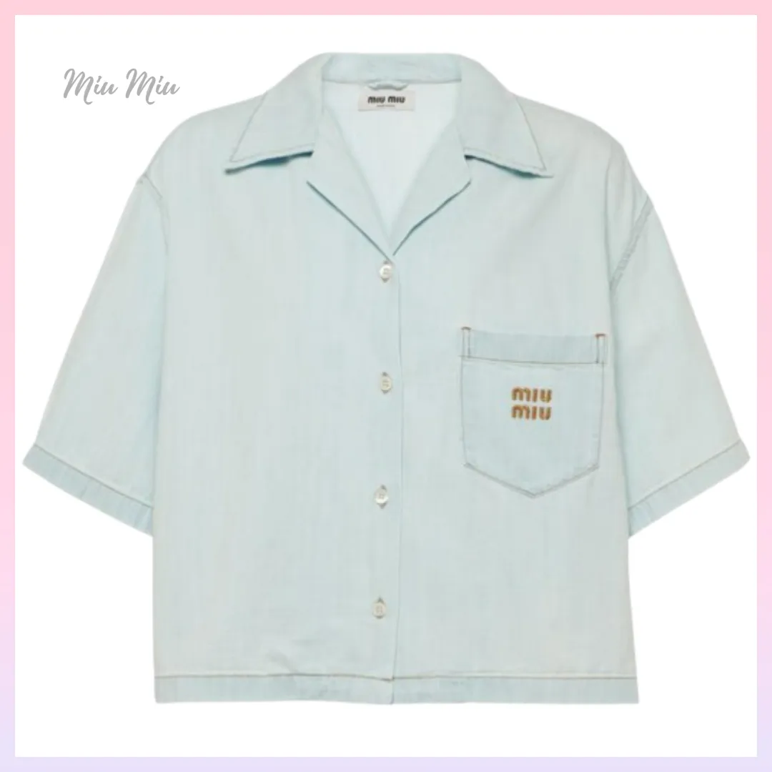 MiuMiu  |Denim Cotton Short Sleeves Elegant Style Logo Cropped Tops