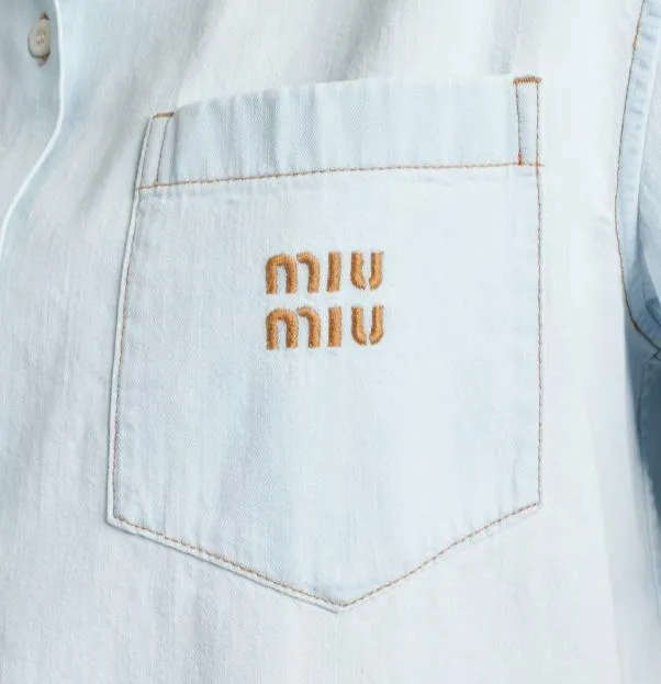 MiuMiu  |Denim Cotton Short Sleeves Elegant Style Logo Cropped Tops