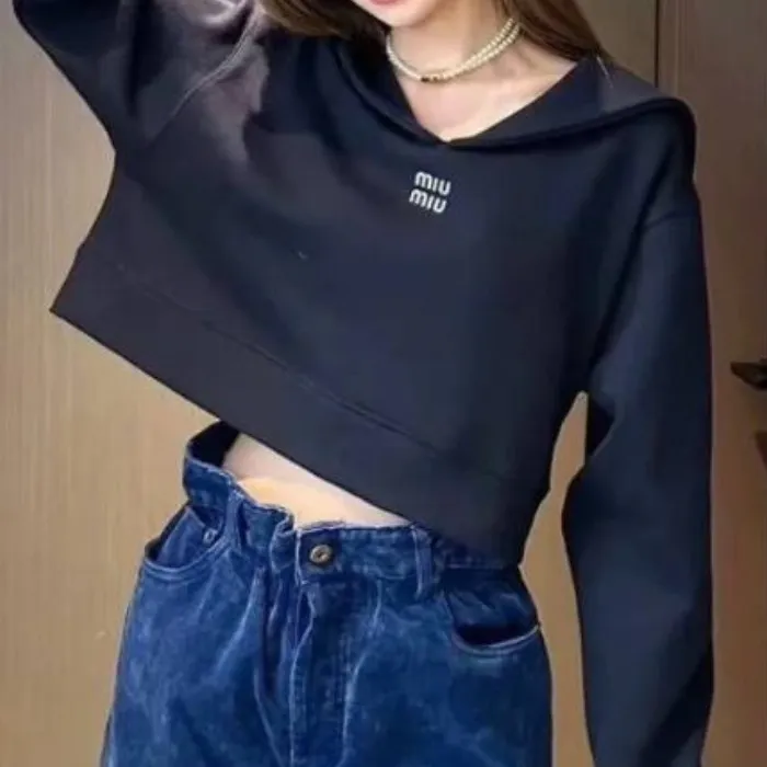 MiuMiu  |V-Neck Long Sleeves Plain Cotton Logo Cropped Tops