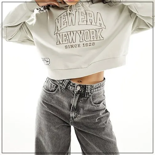 New Era  |Street Style Long Sleeves Plain Cotton Logo Cropped Tops