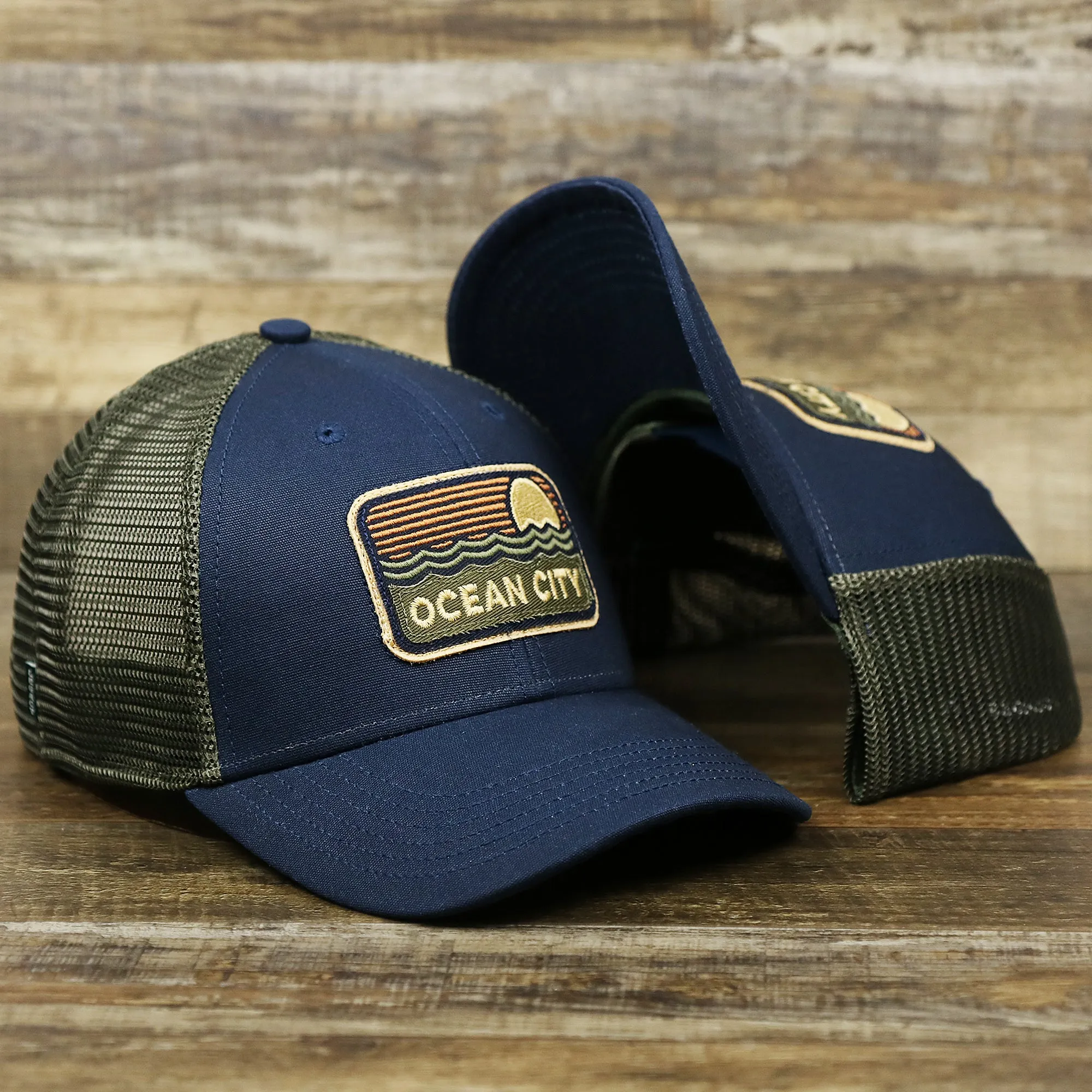 New Jersey Ocean City Sunset Mesh Back Trucker Hat | Navy Blue And Olive Mesh Trucker Hat