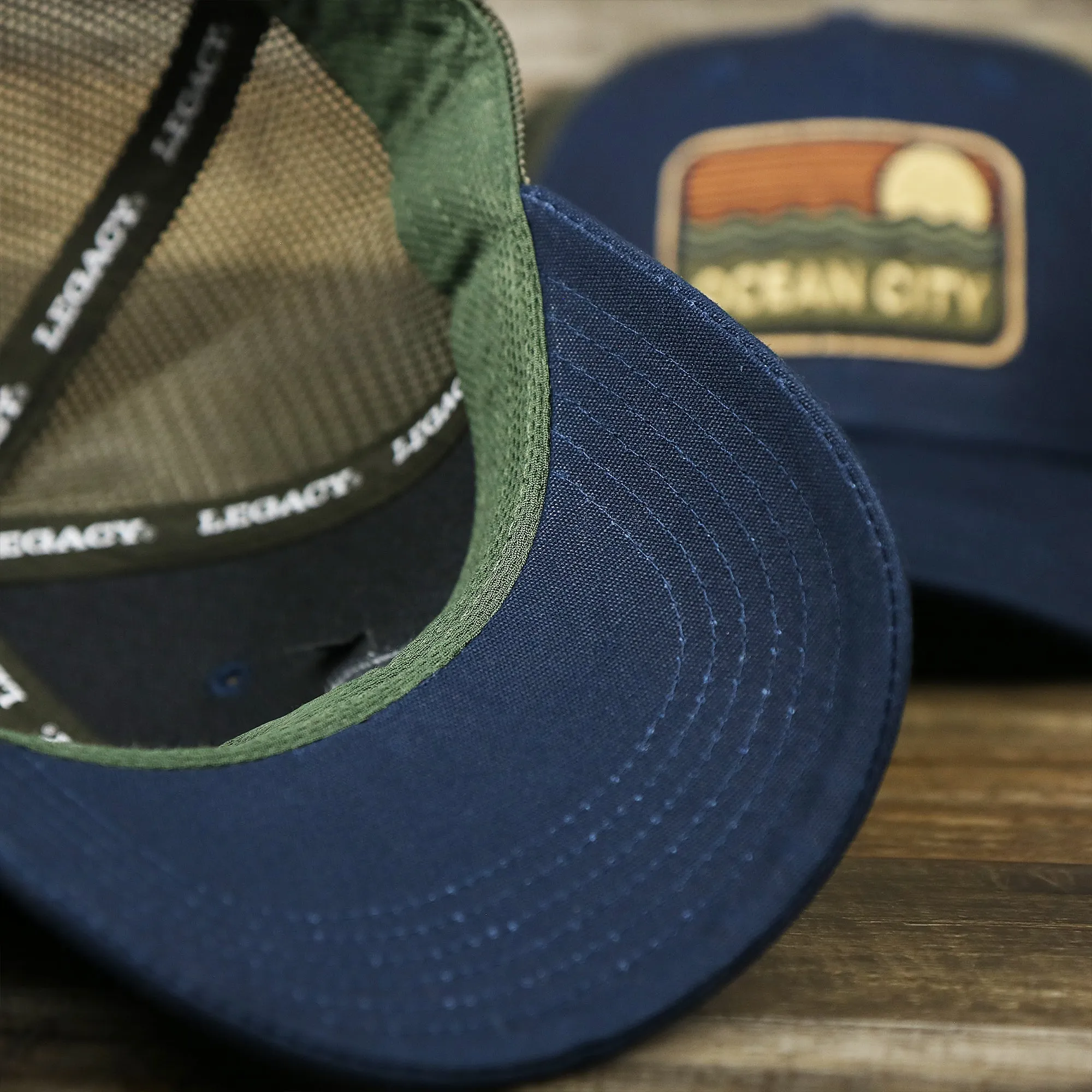 New Jersey Ocean City Sunset Mesh Back Trucker Hat | Navy Blue And Olive Mesh Trucker Hat