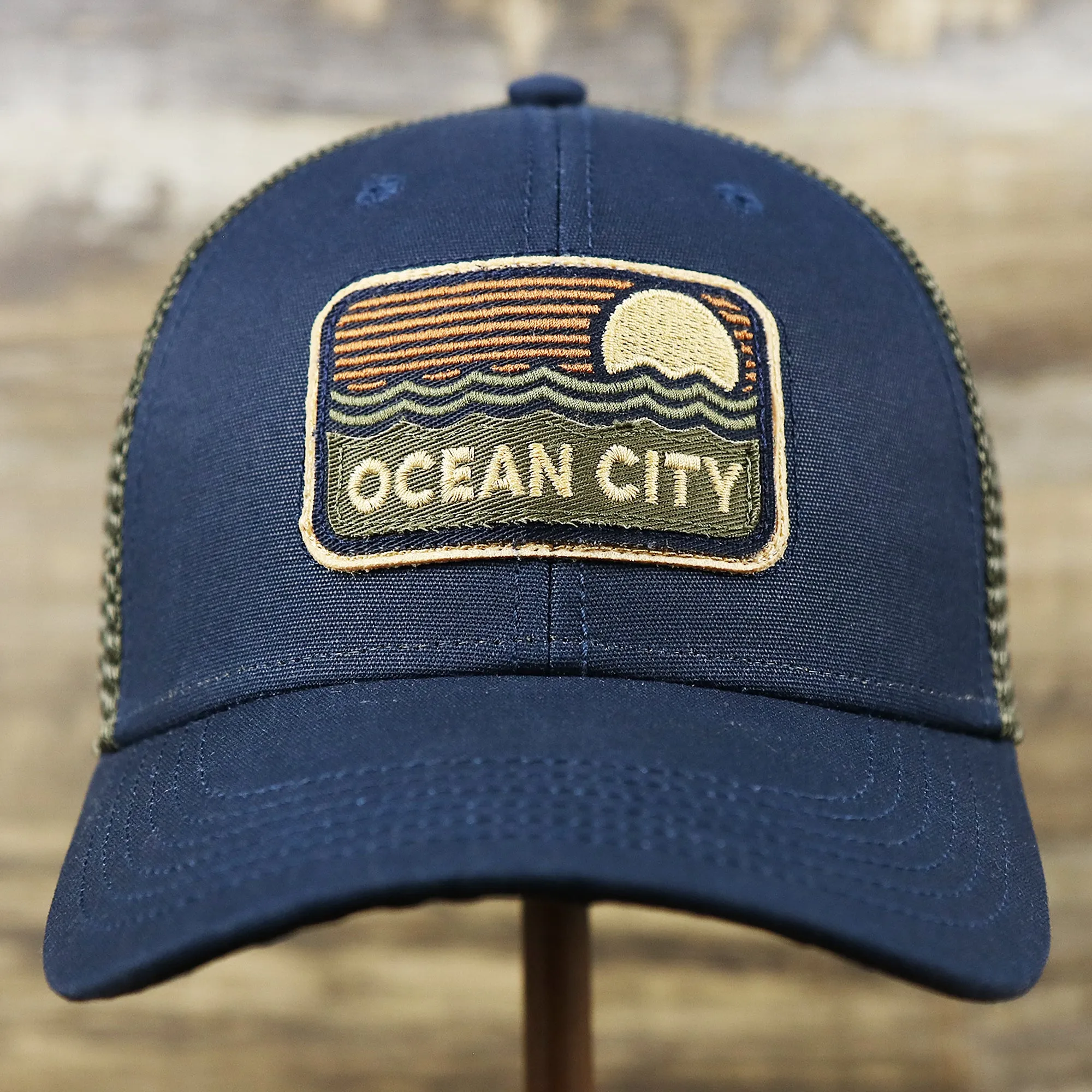 New Jersey Ocean City Sunset Mesh Back Trucker Hat | Navy Blue And Olive Mesh Trucker Hat