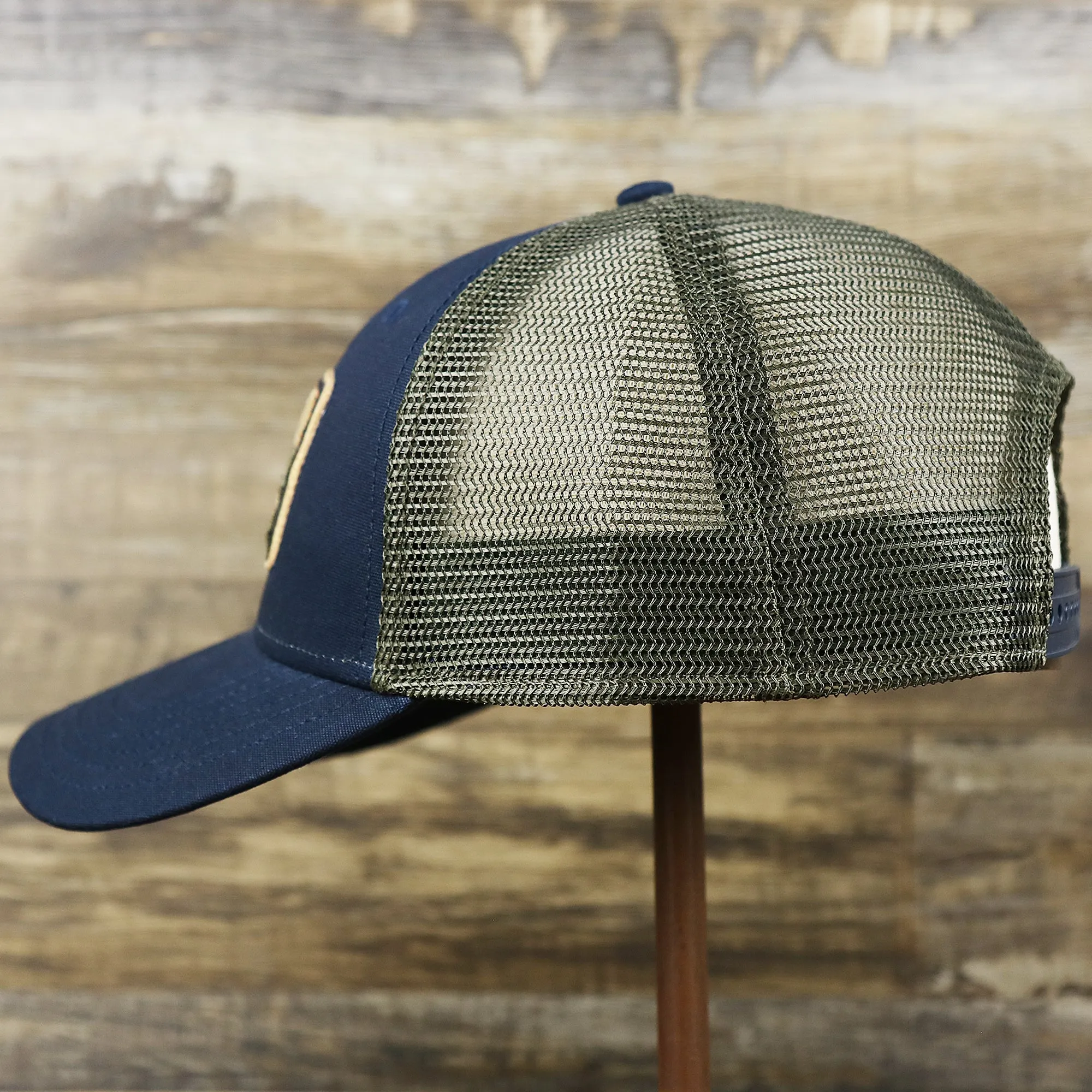 New Jersey Ocean City Sunset Mesh Back Trucker Hat | Navy Blue And Olive Mesh Trucker Hat