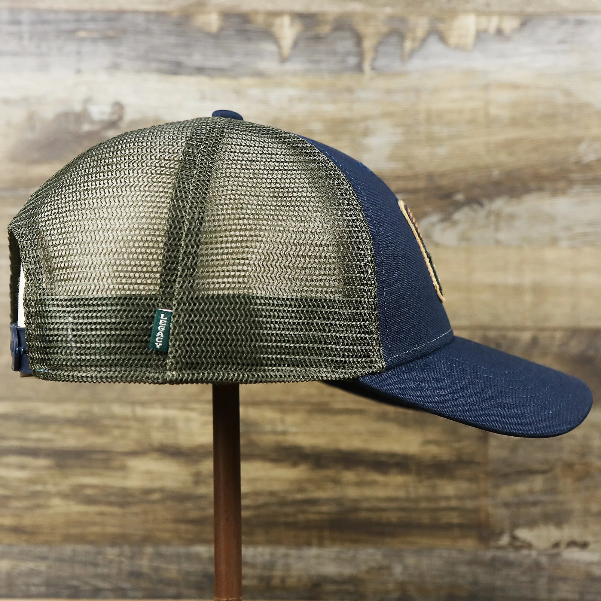 New Jersey Ocean City Sunset Mesh Back Trucker Hat | Navy Blue And Olive Mesh Trucker Hat