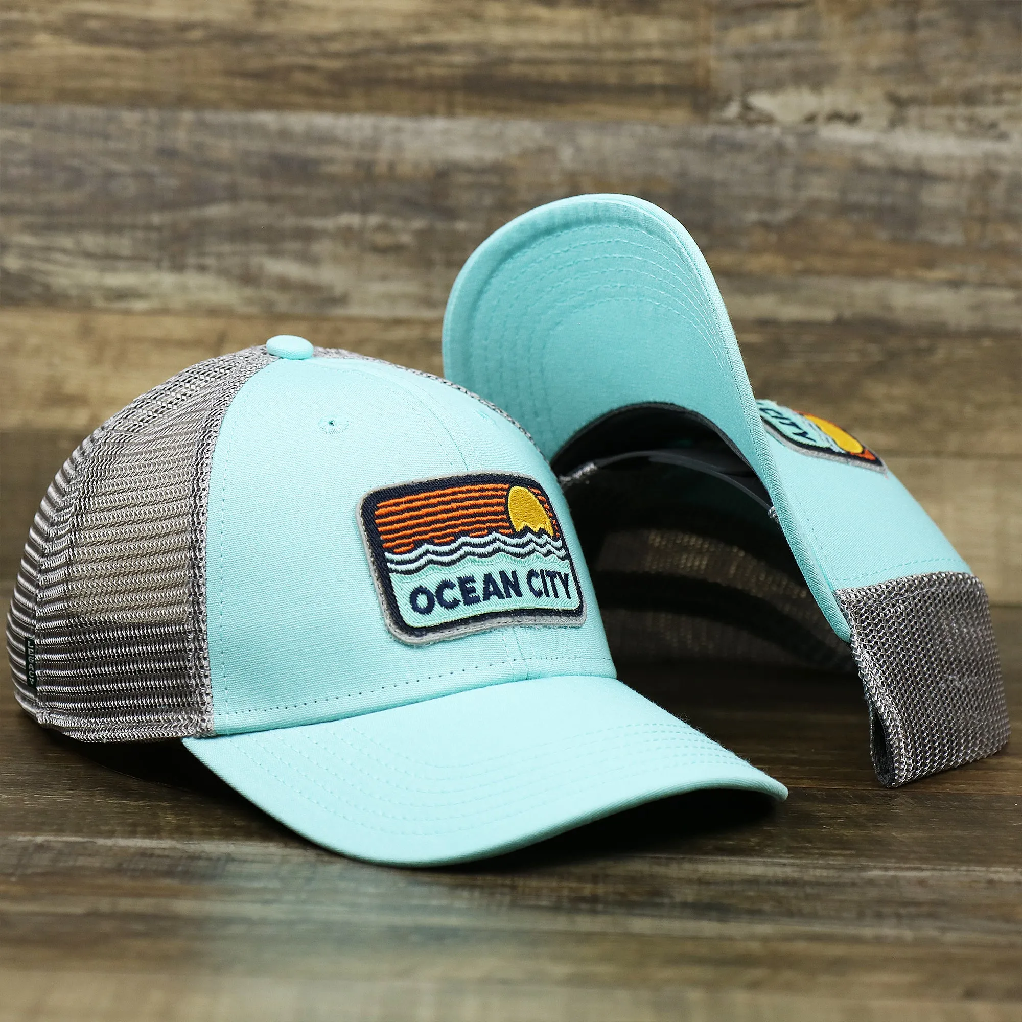 New Jersey Ocean City Sunset Mesh Back Trucker Hat | Tahiti Blue And Grey Mesh Trucker Hat