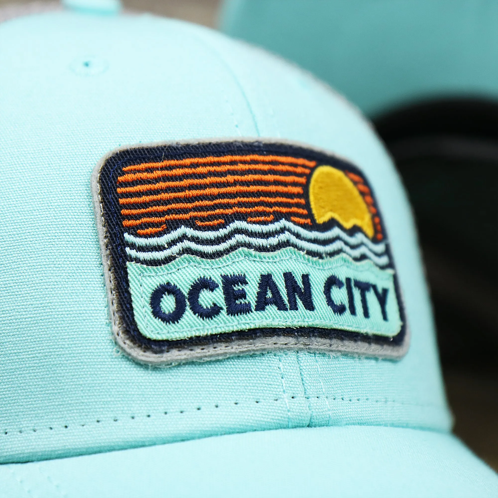 New Jersey Ocean City Sunset Mesh Back Trucker Hat | Tahiti Blue And Grey Mesh Trucker Hat