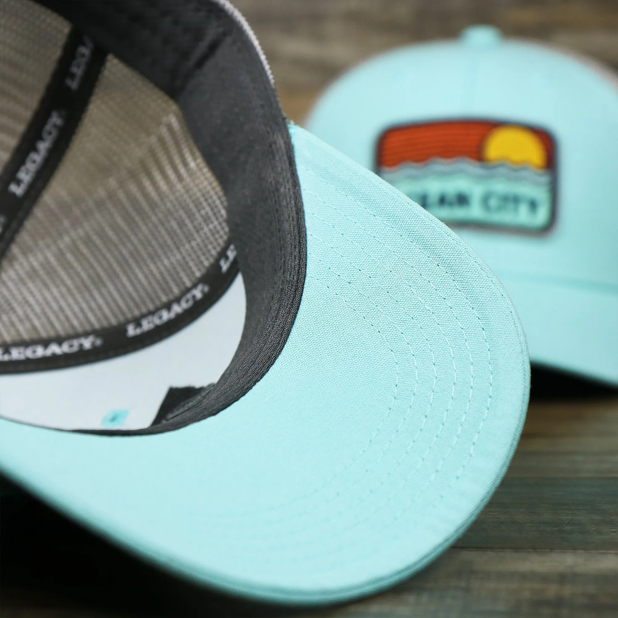 New Jersey Ocean City Sunset Mesh Back Trucker Hat | Tahiti Blue And Grey Mesh Trucker Hat