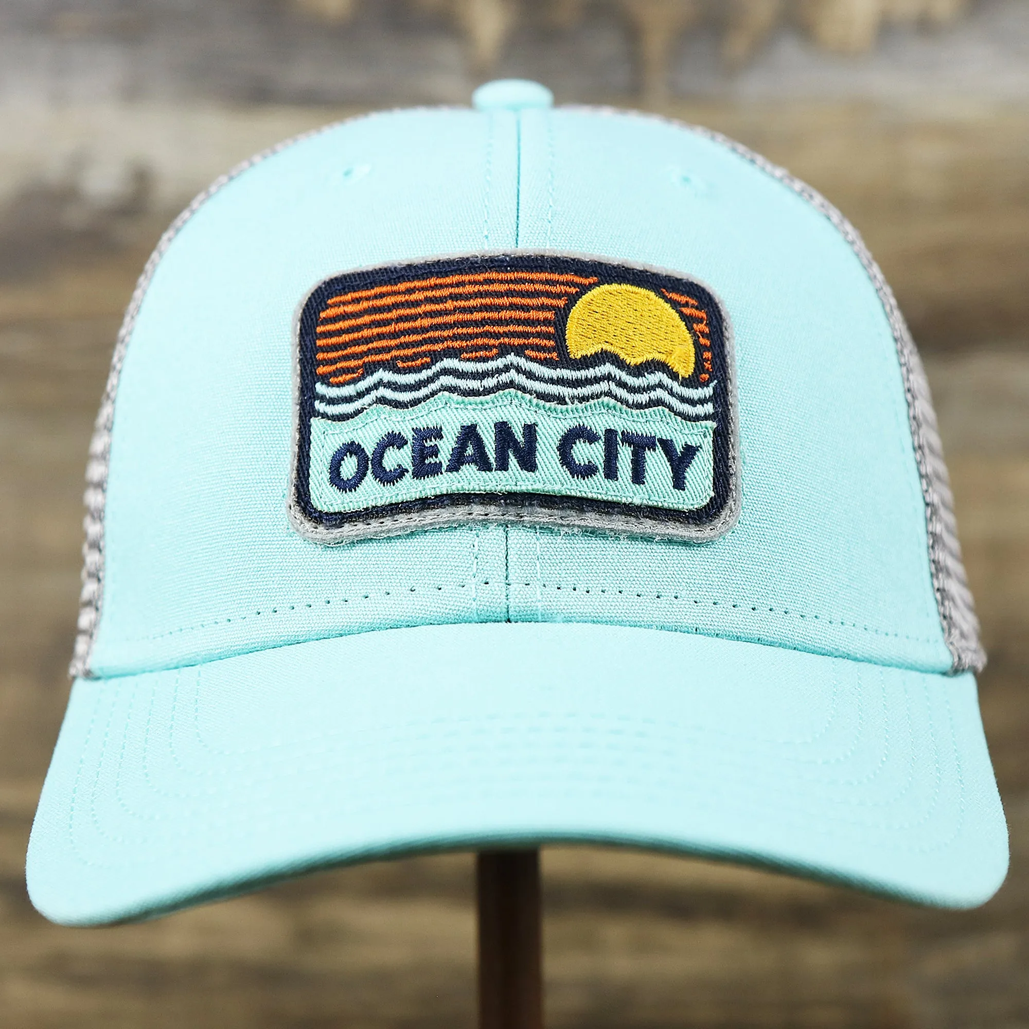 New Jersey Ocean City Sunset Mesh Back Trucker Hat | Tahiti Blue And Grey Mesh Trucker Hat