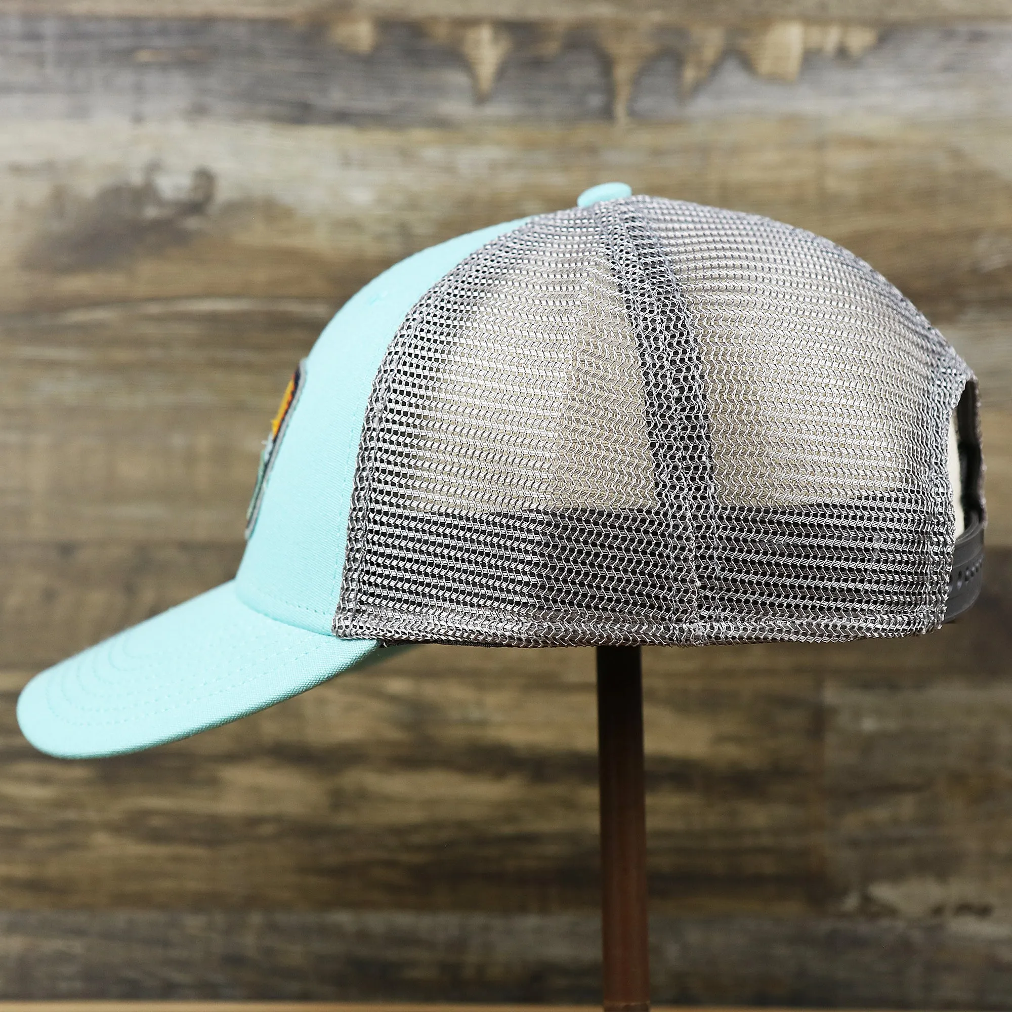 New Jersey Ocean City Sunset Mesh Back Trucker Hat | Tahiti Blue And Grey Mesh Trucker Hat