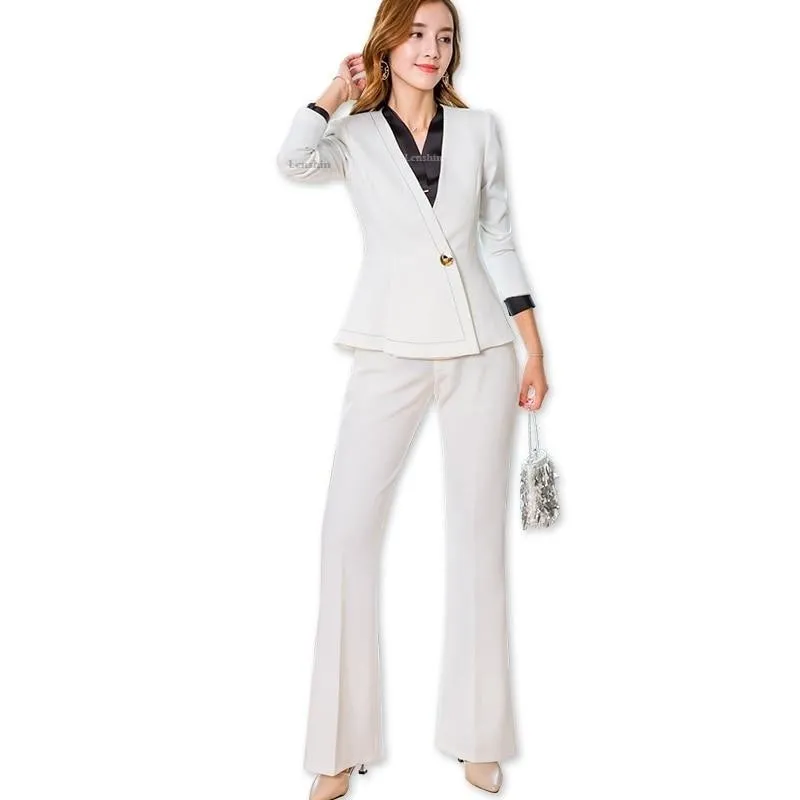 Office Lady's Formal V-Neck Jacket and Bell-bottom Trousers Pant Suit