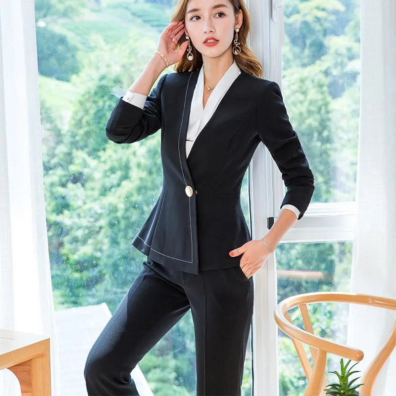 Office Lady's Formal V-Neck Jacket and Bell-bottom Trousers Pant Suit