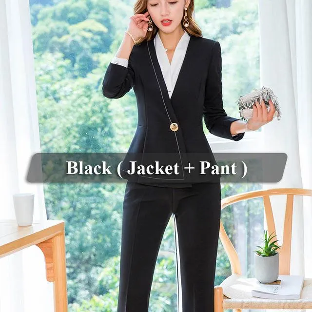 Office Lady's Formal V-Neck Jacket and Bell-bottom Trousers Pant Suit