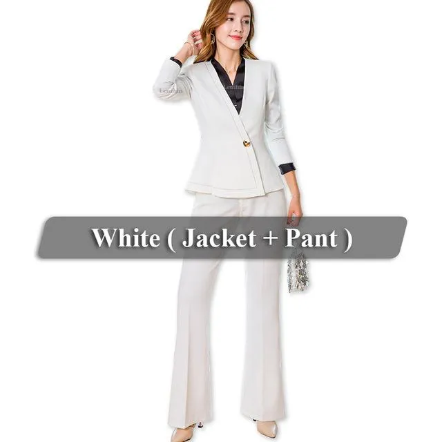 Office Lady's Formal V-Neck Jacket and Bell-bottom Trousers Pant Suit