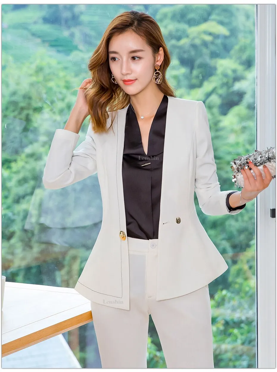 Office Lady's Formal V-Neck Jacket and Bell-bottom Trousers Pant Suit